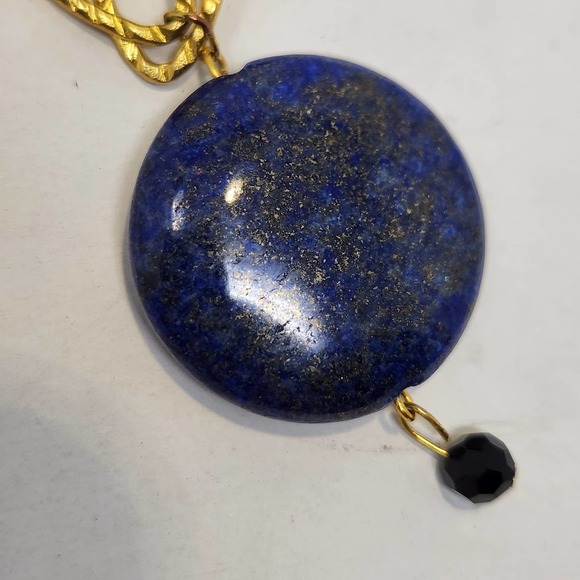 Lapis Lazuli Natural Stone Pendant Gold Tone Oval Chain Link Y Drop Necklace - Picture 5 of 6
